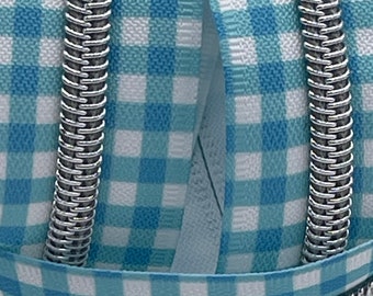 Aqua Gingham Zipper Tape with Silver Nylon Coils | Size #5