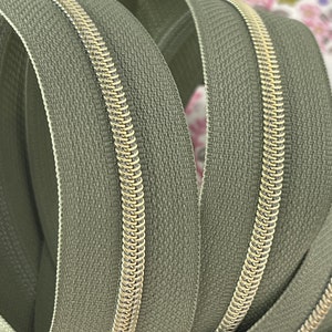 Size #3 | Khaki Green Zipper Tape with Gold Nylon Coils | Zipper by the Yard