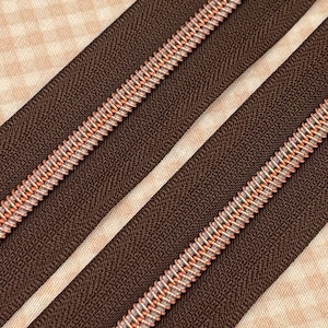 Brown Zipper Tape with Rose Gold Nylon  Coils | Size #5 | Zipper by the Yard