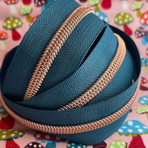 Dark Tropical Teal Zipper Tape with Rose Gold Nylon Coils | Size #5 | Zipper by the Yard
