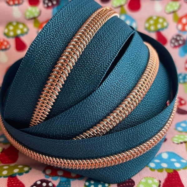 Dark Tropical Teal Zipper Tape with Rose Gold Nylon Coil (Size #5) - Zipper by the Yard