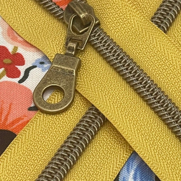 Yellow Zipper Tape with Antique Bronze Nylon Coil (Size #5) - Zipper by the Yard