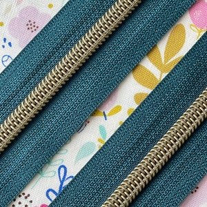 Dark Tropical Teal Zipper Tape with Antique Bronze Nylon Coils | Size #5 | Zipper by the Yard