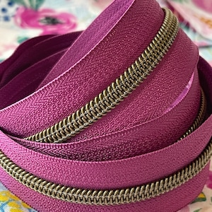 Boysenberry (Purple) Zipper Tape with Antique Bronze Nylon Coils | Size # 5 | Zipper by the Yard