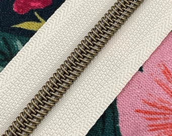French Vanilla Zipper Tape with Antique Bronze Nylon Coils | Size #5 | Zipper by the Yard