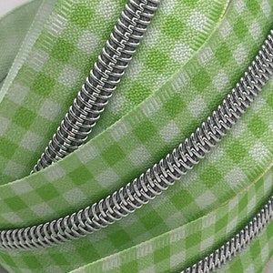 Green Gingham Zipper Tape with Silver Nylon Coils | Size #5