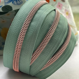 Pistachio | Green | Zipper Tape with Rose Gold Nylon Coil | Size 5 | Zipper by the Yard