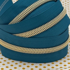 Peacock (Teal) Zipper Tape with Gold Nylon Coils | Size #5 | Zipper by the Yard