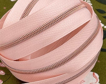 Size #3 | Pink  Zipper Tape with Rose Gold Nylon Coils | Zipper by the Yard