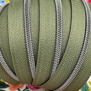 Size #3 | Army Green Zipper Tape with Gunmetal Nylon Coils | Zipper by the Yard