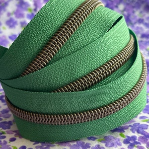 Shamrock Green Zipper Tape with Antique Bronze Nylon Coils | Size #5 | Zipper by the Yard