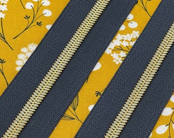 Navy Blue Zipper Tape with Gold Nylon Coil | Size #5 | Zipper by the Yard | Nylon Coil Zipper