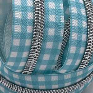 Sky Blue Gingham Zipper Tape with Silver Nylon Coils | Size #5