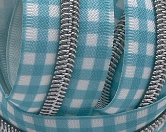 Sky Blue Gingham Zipper Tape with Silver Nylon Coils | Size #5