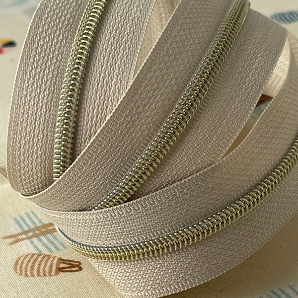 Size #3 Bone Zipper Tape with Gold Nylon Coil (Size #3) - Zipper by the Yard