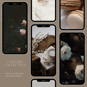 May include: A curated collection of phone wallpapers featuring calming imagery. The images include a close-up of a white flower, a book and a cup of coffee on a brown knitted blanket, a close-up of a white flower with a dark background, and a close-up of a pink rose with a dark green background.