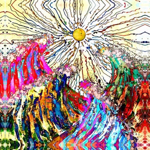 May include: Abstract painting of a sun with rays and colorful waves in a vibrant style.