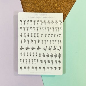 FEUILLE D'AUTOCOLLANTS FLEURS n&b | Fleurs noir et blanc | Stickers planificateur esthétiques | Bullet Journal | Bujo |