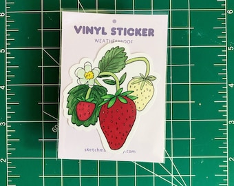 Könnte beinhalten: Ein Vinyl-Aufkleber mit einer Cartoon-Illustration einer Erdbeerpflanze mit drei Erdbeeren. Die Erdbeeren sind rot, weiß und grün. Der Aufkleber ist wetterfest und trägt den Text "VINYL STICKER WEATHERPROOF sketchmo.com".
