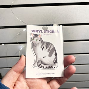 Sticker chat gris | Preuve des intempéries | Stratifié brillant | Animal de compagnie | autocollant de chat | Chat tigré gris