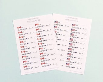 May include: Two sheets of white paper with stickers featuring the flags of Canada and the United States. The stickers are labeled "CA- " and "US- " and have numbers next to them. The text "SKETCHMOOSE Postcrossing: ID" is at the top of each sheet.