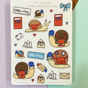 May include: A sticker sheet featuring snail mail themed illustrations. The sheet includes snails carrying mailbags, mailboxes, envelopes, and the text "Snail Mail" and "Air Mail".