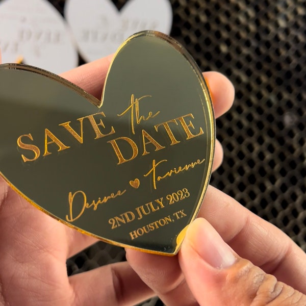 Heart Save The Date Mirror Acrylic Magnets Custom Personalized / Save The Date Mirror Magnet Reserva La Fecha, Modern Save The Date Magnet