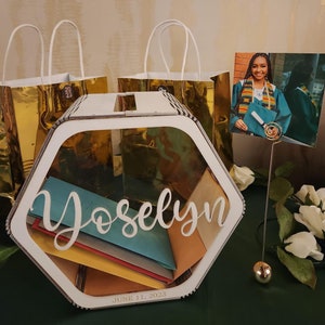 Caja de tarjetas hexagonal de boda personalizada, caja de tarjetas, caja de tarjetas de madera de quinceañera, decoraciones de boda, decoración de boda rústica, caja de tarjetas de graduación