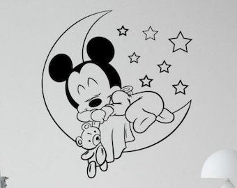 Mickey Mouse Wall Decal Baby Wall Stickers Moon and Stars Walt Disney Decals Sign Vinyl Sticker Nursery Wall Decor Kids Room Wall Art 96bar