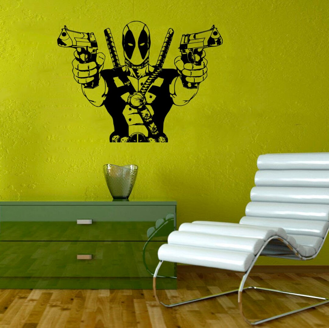 Superhero Vinyl Wall Decal Deadpool With Two Guns Mural Action Etsy
