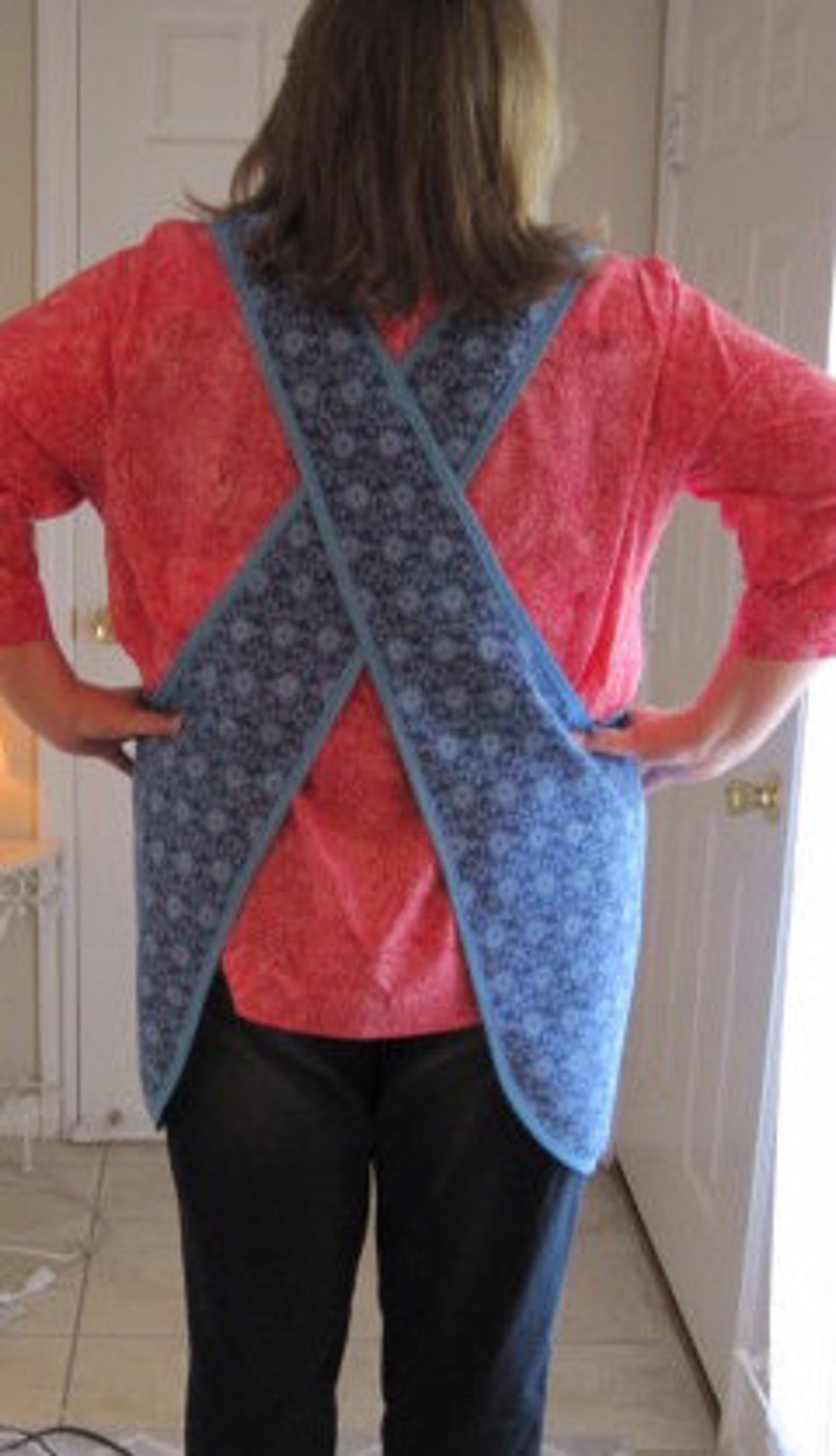 May include: A blue and white patterned apron with a criss-cross back design. The apron is worn over a red shirt.