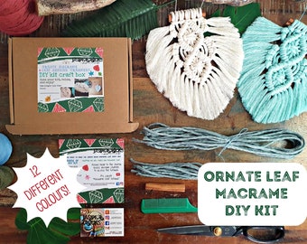 Macrame leaf DIY kit craft kit, custom colour botanical decor, make your own thoughtful thoughtful mindful creative crafty gift activity