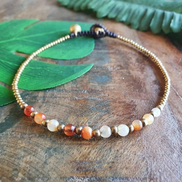 Agate stone anklet,carnelian anklet,yellow anklet,gemstone,gold stone anklet,gold bead anklet,thai anklet,boho anklet