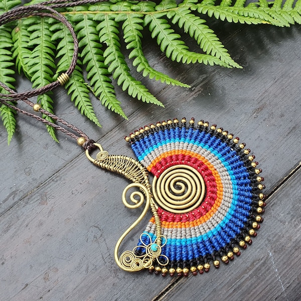 Blue spiral macrame necklace, statement tribal Thai turquoise crystal necklace, adjustable bold ethnic African Egyptian necklace