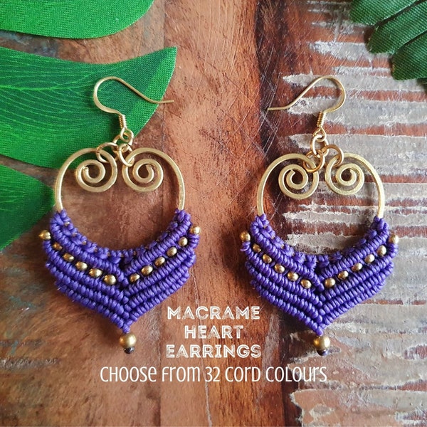 Mothers day heart boho earrings, purple grecian love earrings, choose colour, gold wire spiral earrings, handmade thai earrings