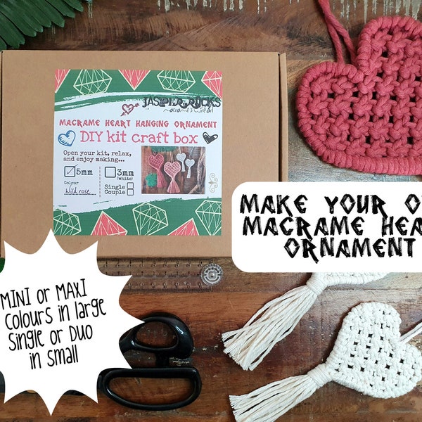 Macrame heart DIY kit craft gift, love ornament hanging mothers day, make own lockdown thoughtful mindful creative crafty couples activity