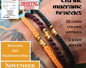 Citrine Macramé Bracelet for men women: November birthstone gift, custom cord cord colour, minimalist healing crystal bracelet