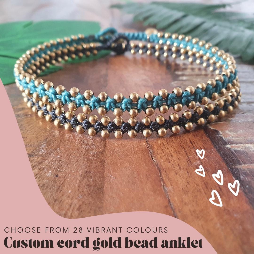 Custom Macrame Anklet: Gold Bead Braided Cord, Boho Beach Ankle Band