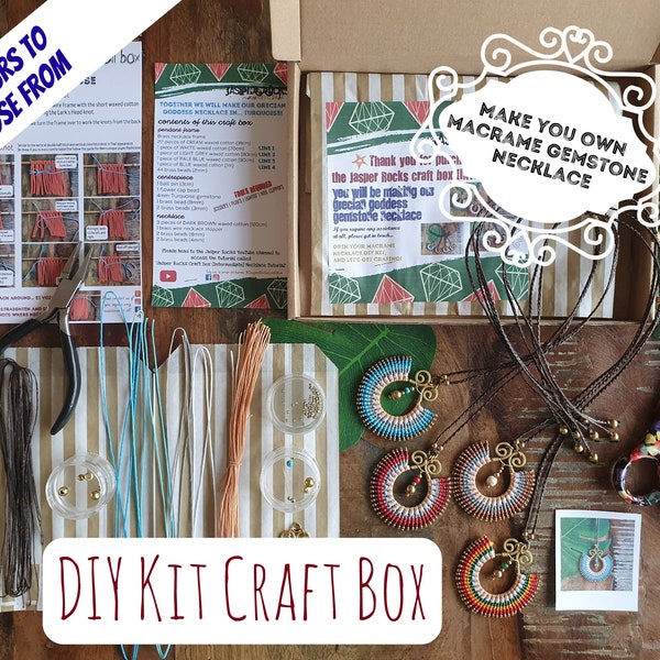 DIY macrame gemstone necklace kit, creative gift hobby box make your own woman her mindfulness lockdown activity crafty