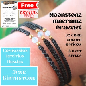 Men's bracelet, moonstone bracelet for men women, June birthday birthstone macrame boho cord anniversary gift choose colour lunar celestial