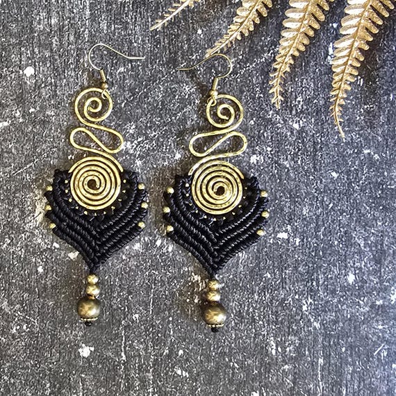 Black Macrame Earrings: Hammered Brass Wire, Boho Ethnic Style