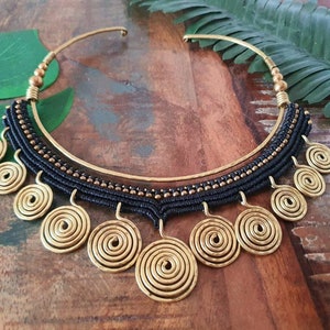 Egyptian choker,macrame choker,spiral choker,wire choker,statement necklace,black macramé,gold wire necklace,boho choker,hippie necklace