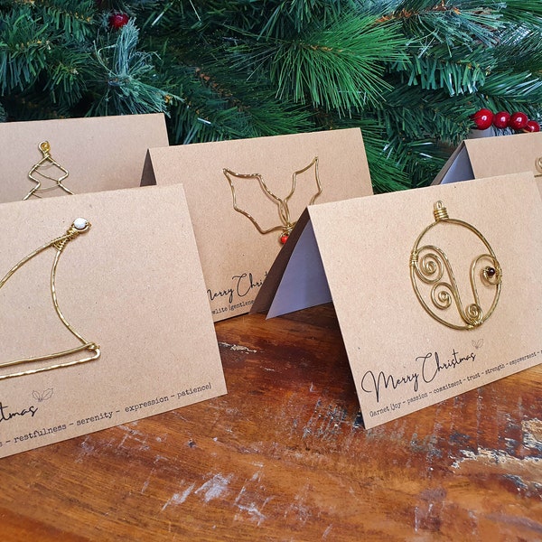 Crystal Christmas cards, eco wire art Christmas symbol and gemstone festive greetings cards, blank inside set of 5 unique holiday cards