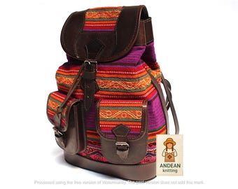 handmade Peruvian leather and cloth material mini backpack, Peruvian Hand-tooled Leather and Textile Backpack Purse - Etsy main image 4
