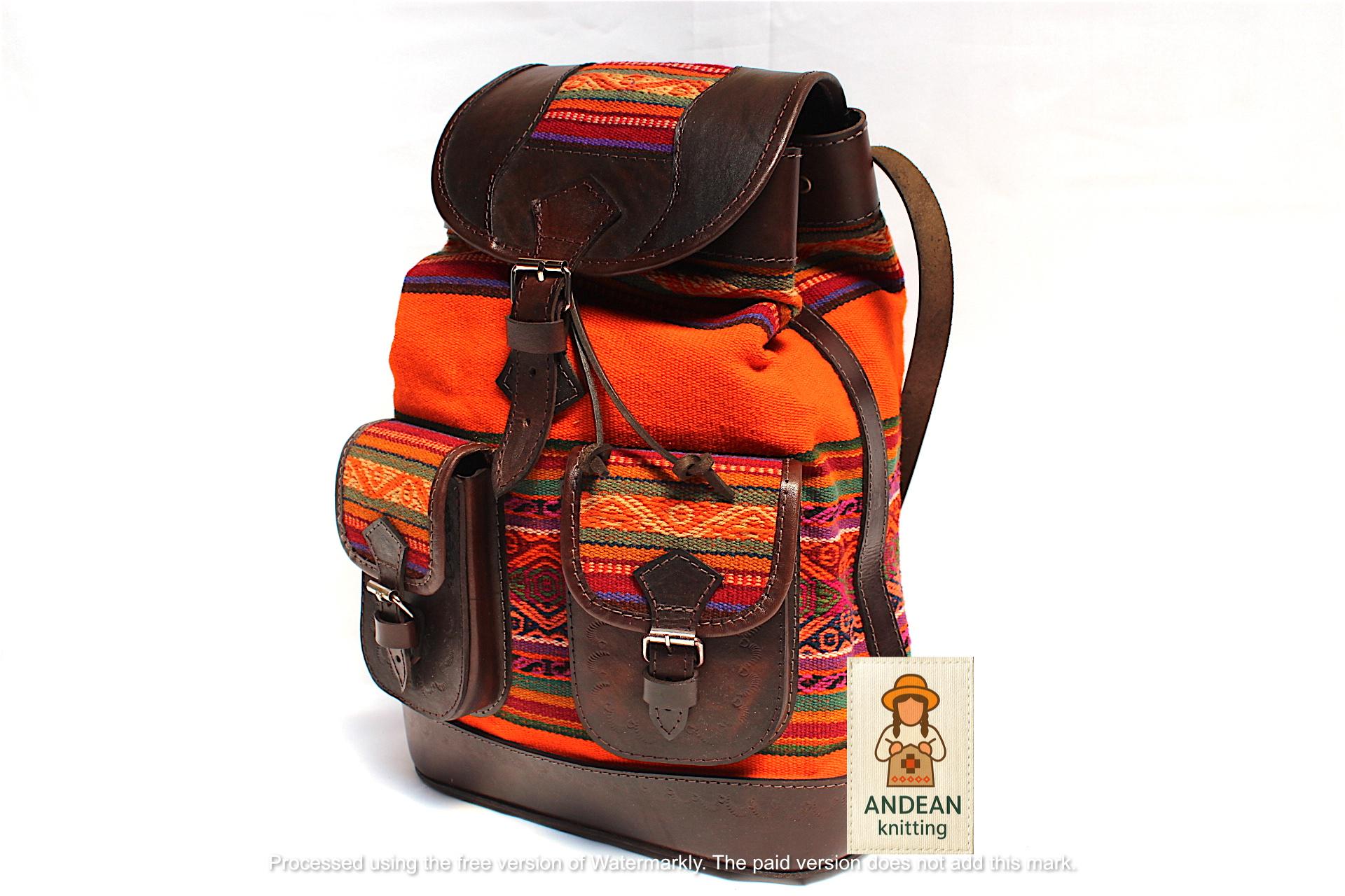 Large Beautiful Handcrafted Bolivian Andean Tooled Leather & Wool Backpack FEB. SALE 30% OFF* Ethnic Andean Handmade Brown Genuine  main image 3