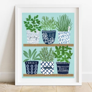 Stampa artistica di "Giardino di erbe aromatiche da interno" 8 x 10/ Illustrazione di cucina con piante da appartamento in vaso blu e bianco/ Arte murale di piante culinarie/ Decorazione botanica per la casa