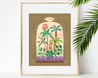 Palm Tree Terrarium 8 X 10 Art Print/ Tropical Forest Illustration/ Mixed Media Jungle Wall Art/ Island Inspired Home Decor
