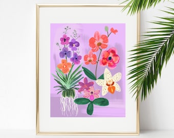 Orchid Study Botanical Painting 8 X 10 Art Print/ Tropical Flower Collage Illustration/ Exotic Floral Wall Decor