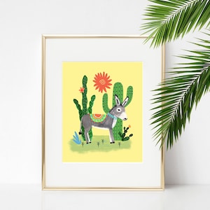 Donkey and Cactus 8x10 Art Print/ Colorful Bohemian Nursery Art/ Desert Animal Illustration/ Succulents Wall Decor/ Kids Room Decor image 1