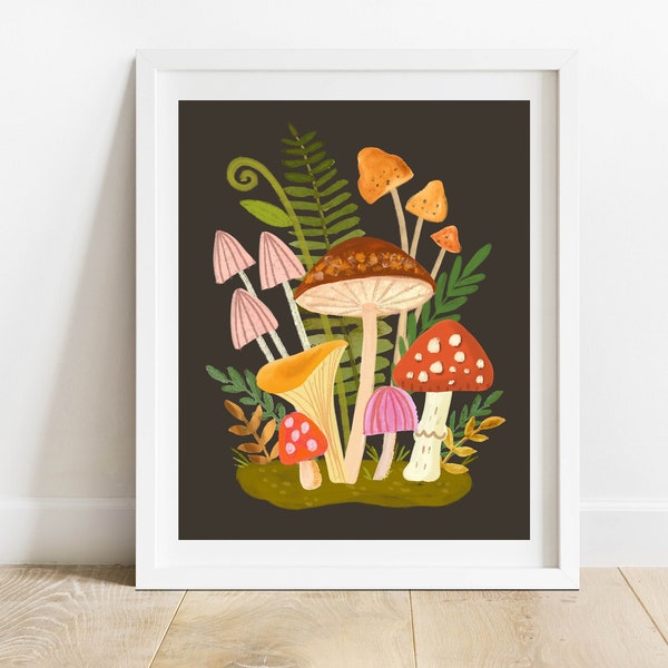 Autumn Mushrooms Art Print/ 8X10 Woodland Folk Art Wall Decor/ Moody Forest Mushroom and Fern Illustration/ Nature Inspired Home Decor